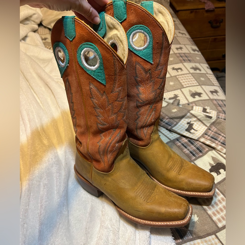Justin Boots Brown and Teal Heeled Boots